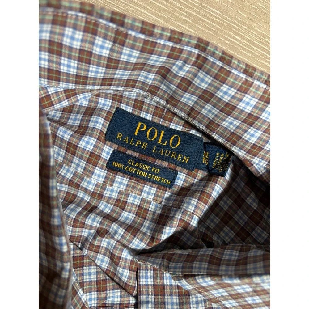 Polo Ralph Lauren Mens XL Classic Fit Plaid Button Down Shirt Brown Blue Cotton